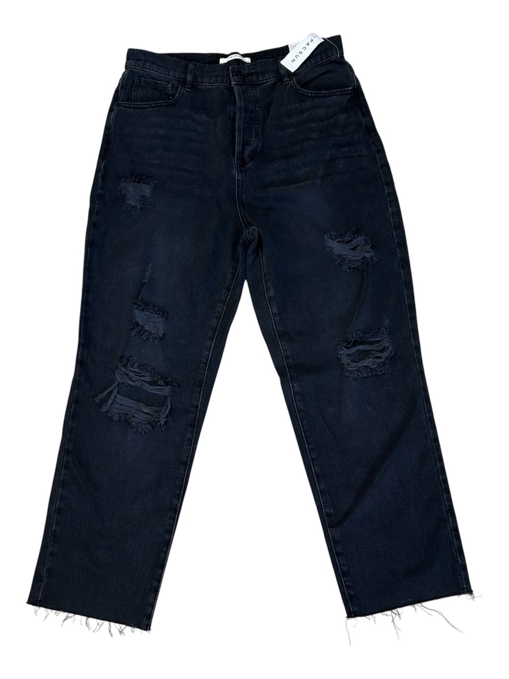 Pacsun High Rise Straight Jeans Ankle Crop Black Wash Distressed Womens 30 NEW